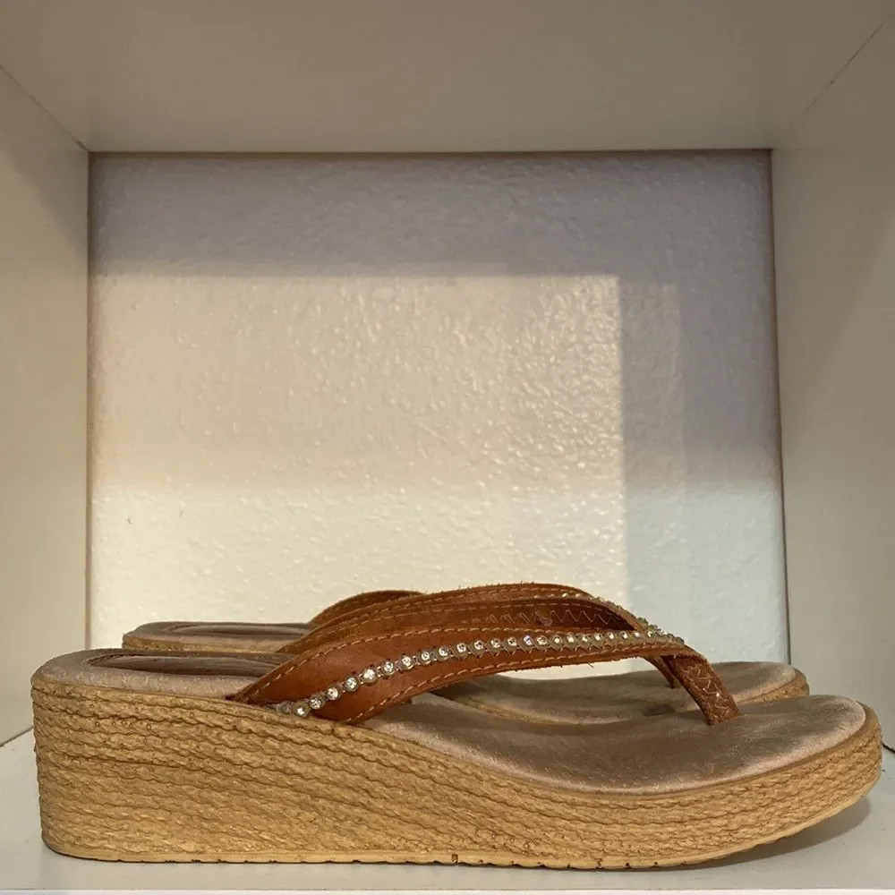 Sbicca Wedge Rhinestone Brown Thong Flip Flop Sandals